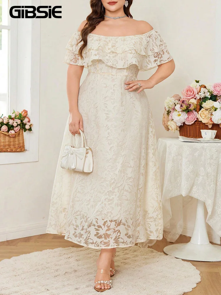 

GIBSIE Plus Size Elegant Off Shoulder Ruffles Dress Women Summer 2026 Beach Vacation Lace High Waist A-line Party Long Dresses