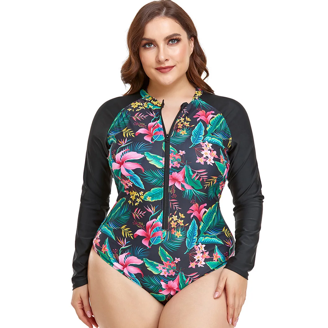 Printed fashionable long-sleeved zipper swimsuits summer plus-size bikini swimsuits beach one-piece tight-fitting swimsuits