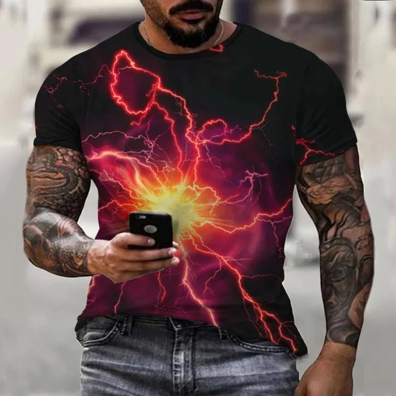 Camiseta masculina impressa digital em 3D, camiseta de manga curta, roupas masculinas grandes, relâmpago casual, legal, verão, novo, 2023