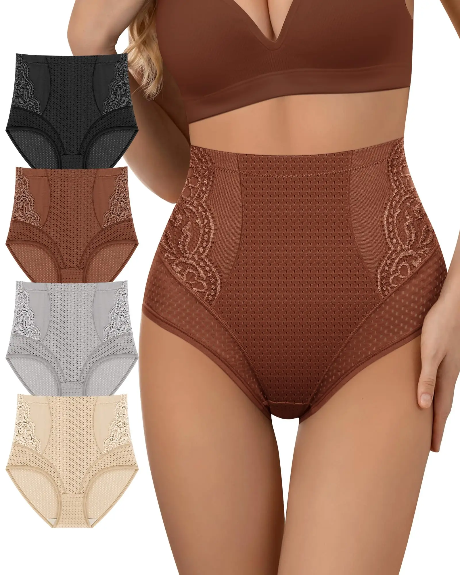

Women's Underwear 4 Pack High Waisted Ladies Panties Lace Nylon Breathable Postpartum Briefs Full Coverage
