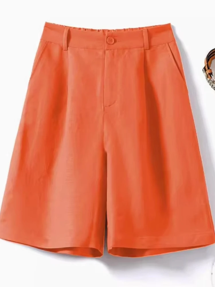 

Summer Cotton Shorts Women High Waist Button Pockets Straight Shorts Ladies Office Loose Knee Pants Shorts for Women Clothing