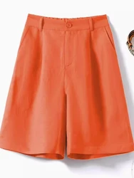 Summer Cotton Shorts Women High Waist Button Pockets Straight Shorts Ladies Office Loose Knee Pants Shorts for Women Clothing