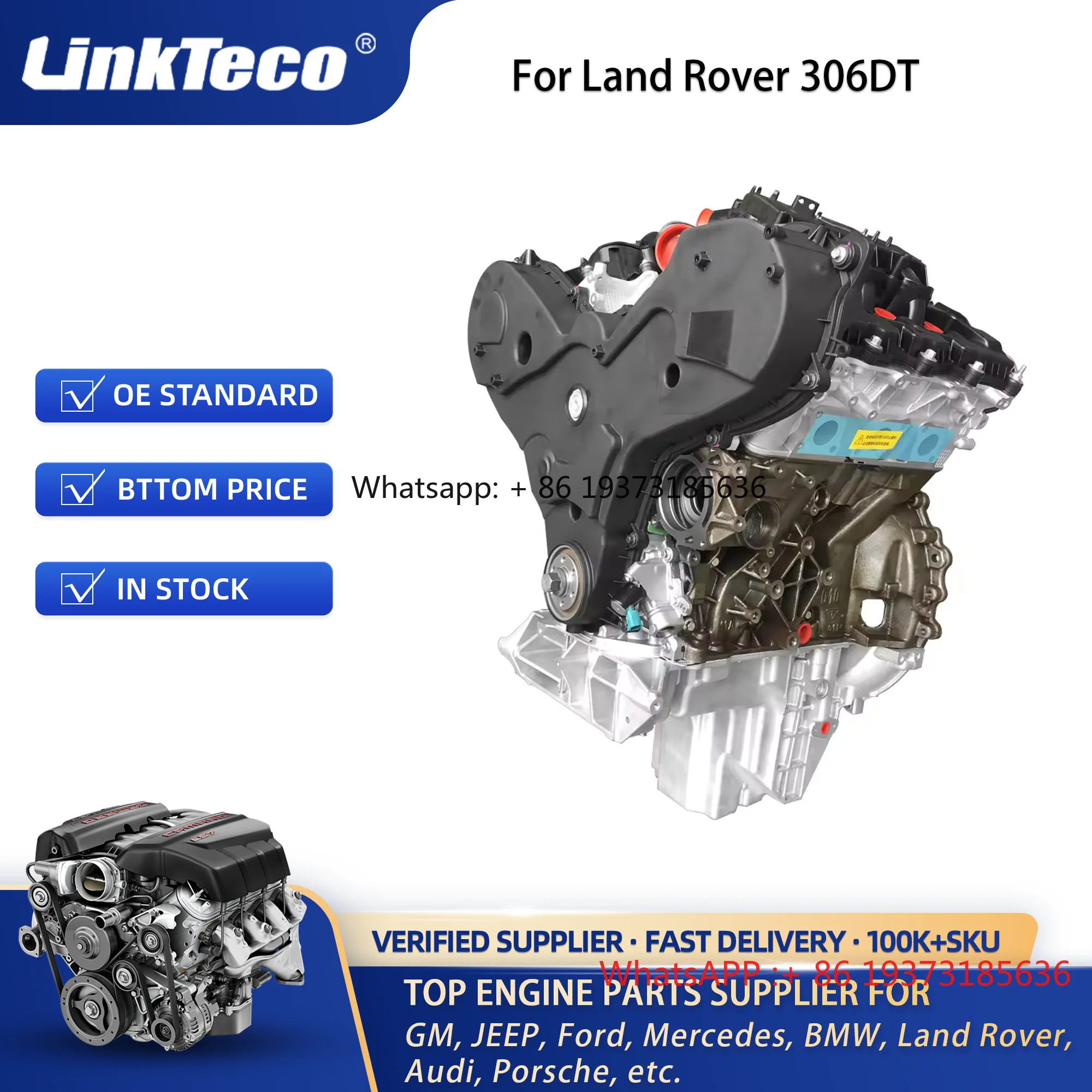 Linkteco Motore Lungo Blocco Cilindri Montaggio per Land Rover Range Rover 306DT 3.0L V6 Motore Auto Diesel LR069659 Ricambi Auto