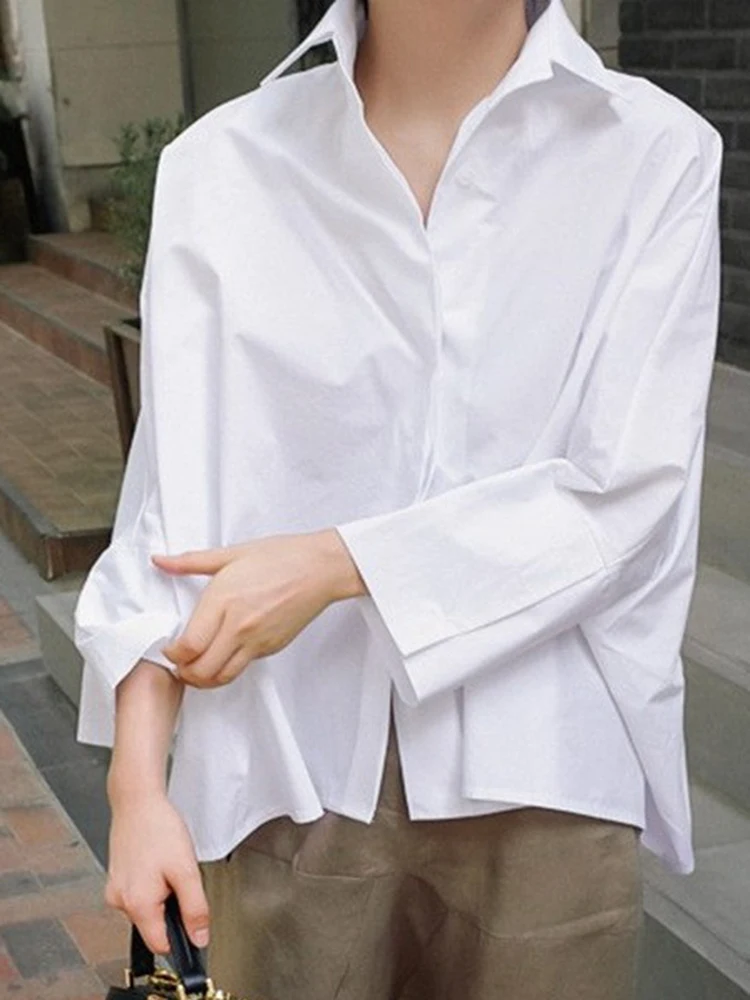 LANMREM Casual Shirt For Women Lapel Bat Sleeve Single Breasted Solid Color Loose Blouses Fashion 2024 New Clothing 2Z1705