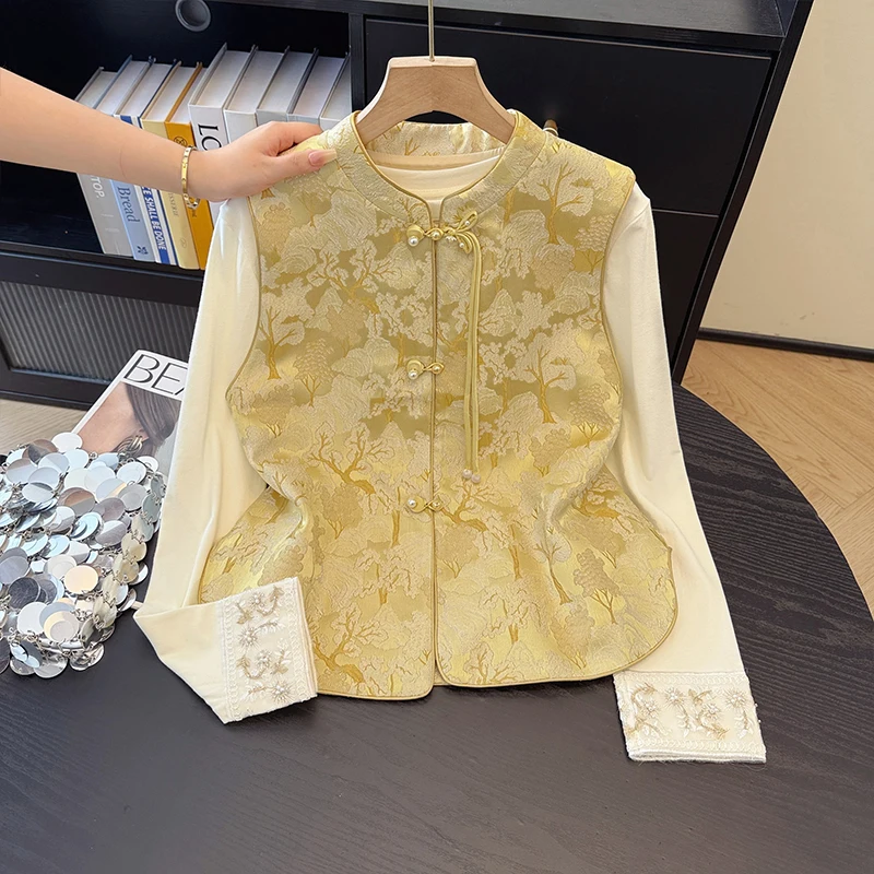 New Chinese Style Satin Women's Vest Autumn 2026 Fashionable Embroidered Jacket Outerwear Regular Length Cotton 70% Lyocell 30%