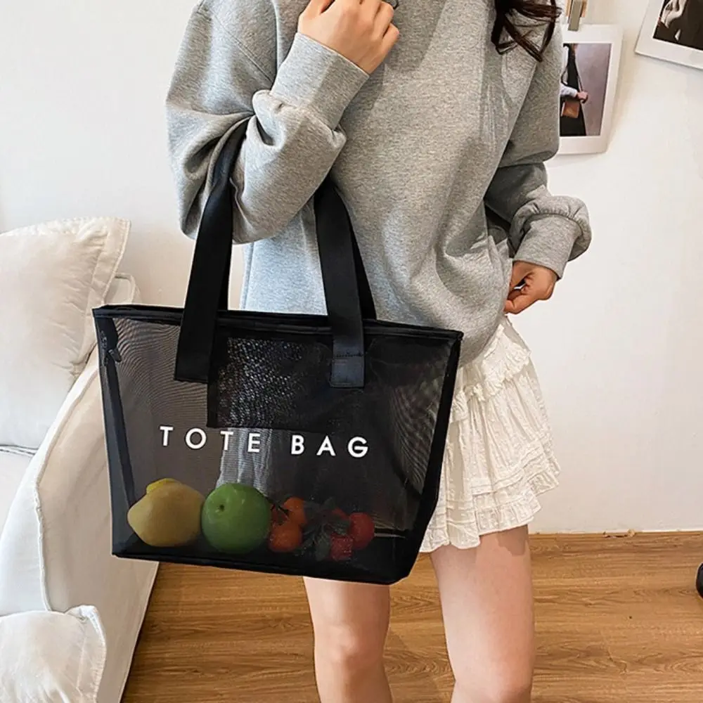 

Transparent Mesh Tote Bag Zipper Large Capacity Swimming Handbag with Handle Travel Toiletries Organizer Shopping Shoulder Bag