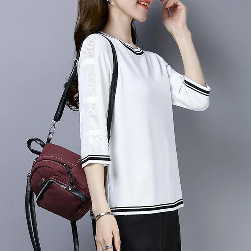 2023 Summer Fashionable Temperament Commuting Simple Round Neck Hollowed Out Three Quarter Versatile Casual Solid Color T-shirt