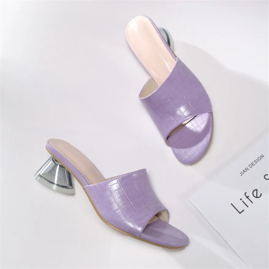 Peep Toe Soft Leather Slippers Women Sandals Summer Clear Crystal Cup High Heel Shoes Outdoor Woman Fashion Slip On Mules Slides