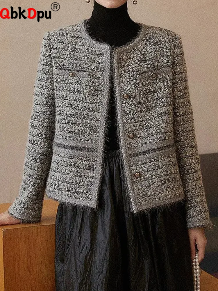 

Korean Design New Chic Outerwears Women Elegant O-neck Single Breasted Tweed Jackets Tops Spring Fall Long Sleeve Chaquetas New