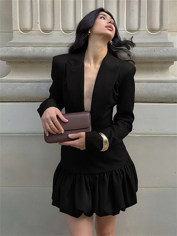 เดรสทรงพอง Nibber สำหรับผู้หญิง คอวี แขนยาว จับจีบ แต่งผ้าต่อกัน สไตล์ออฟฟิศ แนวสตรีท หรูหรา ทรงเข้ารูป สำหรับงานปาร์ตี้ งานธุรกิจ แบบมินิเดรส