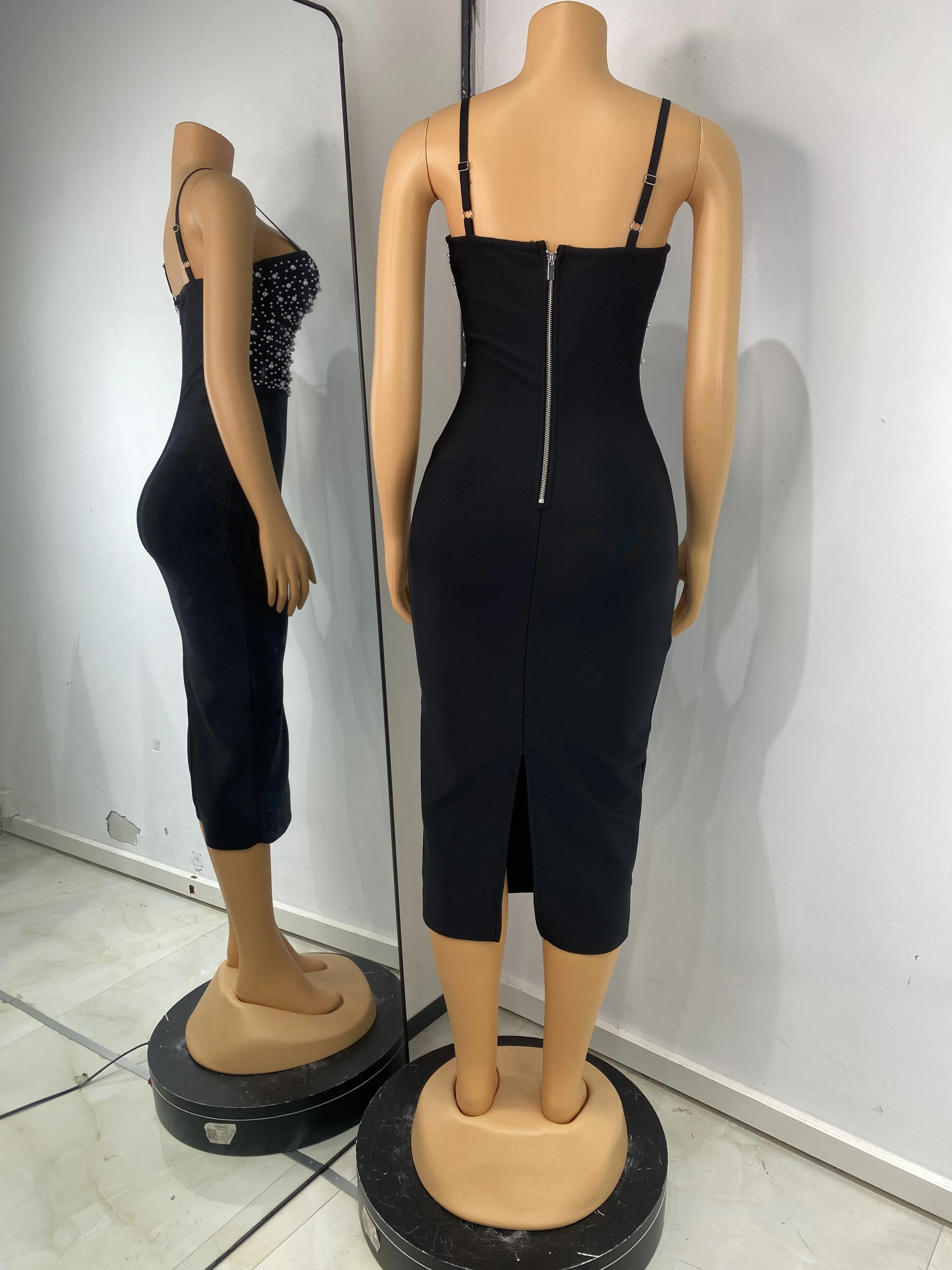 Vestido Bandage negro de verano para mujer, vestido largo con tirantes finos y cuello en V con perlas y pedrería, vestidos de fiesta para discoteca de noche de calle alta