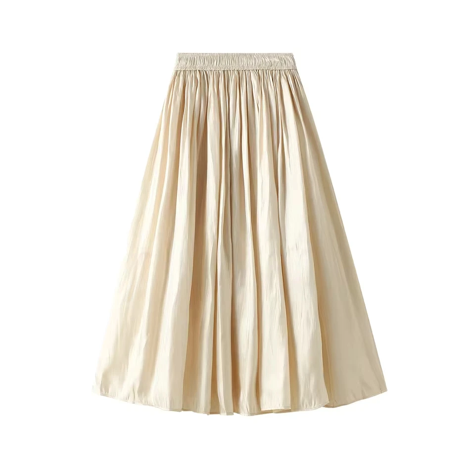 Women's Summer High Waist Solid Color Simulated Silk Pleated Midi Skirt Female Sweet Elegant Casual A-line Loose Skirts