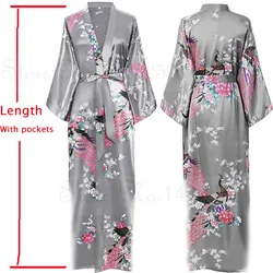 Women Long Robe Kimono Bathrobe Gown with Pockets Sexy Wedding Bride Bridesmaid Dressing Gown Oversize Satin Homewear Loungewear