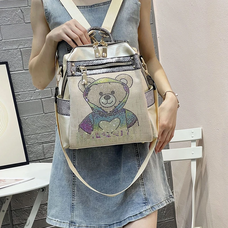 New Fashion Shiny Rhinestone Brand Cute Bear Backpack Designer Waterproof Leather Luxury Large Capacity Travel Schoolbag Mochila