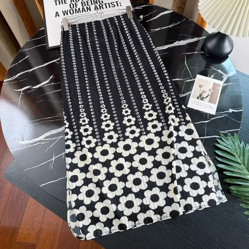 Miyake Printed Skirt 2026 Summer New Pleated Mid-Length Gradient Split Skirt Women Casual Vacation Travel Clothing with Pockets