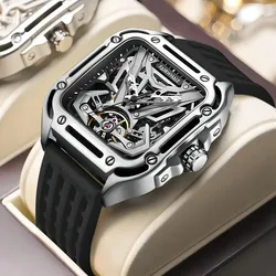 FAIRWHALE Automatic Movement Tourbillon Fashion Skeleton Square Dial Sports Waterproof Mechanical Watches for Men with Box 6530