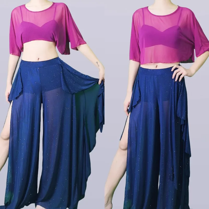customized belly dance costumes practice outfit Oriental dance elegant mesh top lace wide leg pants set versatile