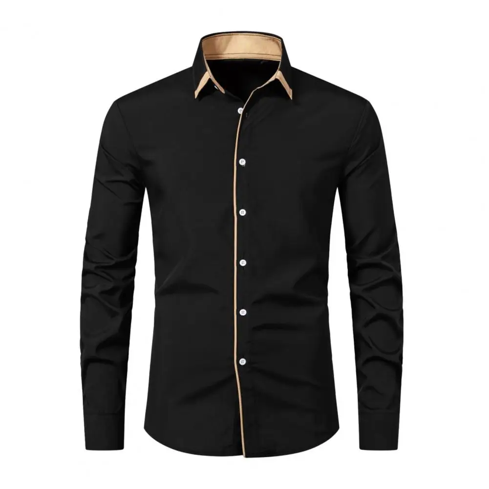 Blusa de escritório de manga comprida de lapela slim fit single-breasted masculina, camisa formal, macia e respirável, outono, primavera