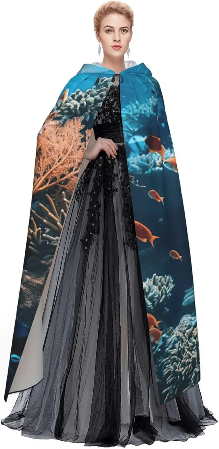 Coral Reef Print Adult Hooded Cloak With Halloween Christmas Witch Cape Robe Costume Party Supplies
