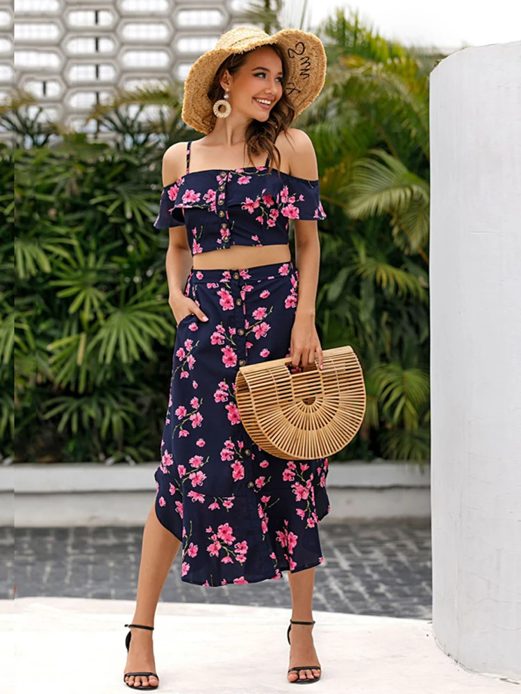 2024 Summer Women's Two Piece Printed Dress Sleeveless One Shoulder Short Top A-line Short Skirt Set Bohemian Flower Holiday