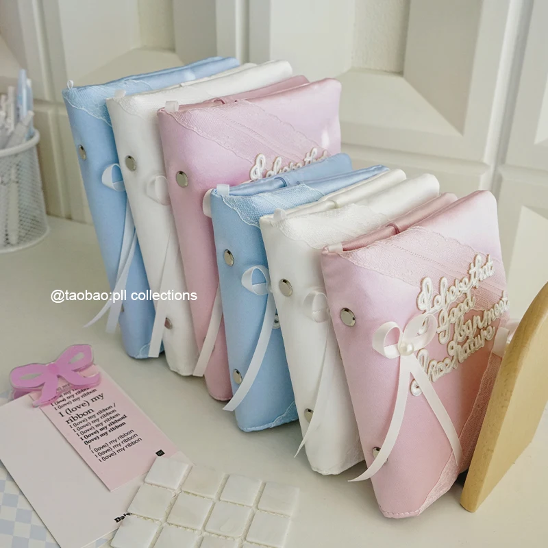 Elegant Korean Ballet Style A7 A6 Binder Cover, Silk Embroidered Planner Notebook Folio Pink and White Journal Diary Cover