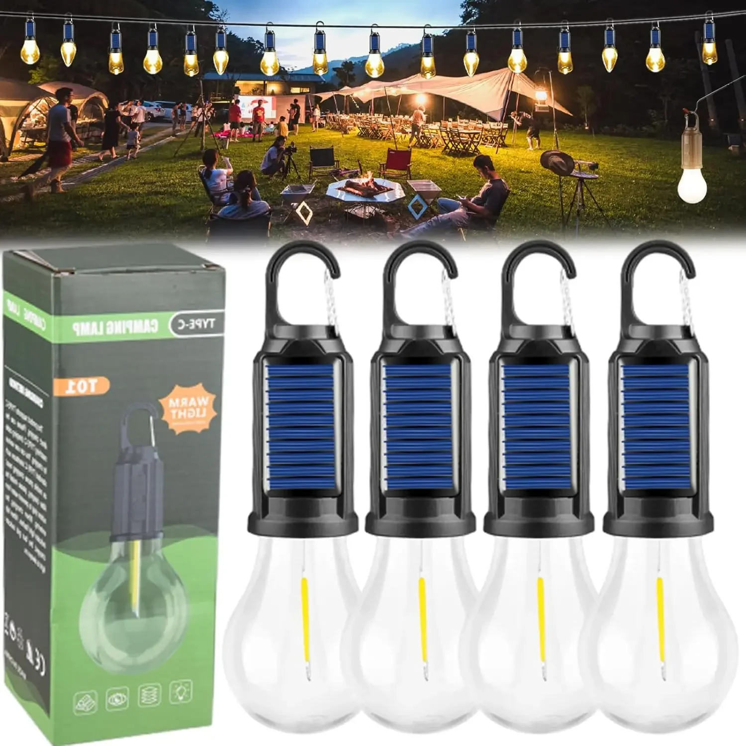 Portable Solar LED Camping Bulbs (Bulb Form) with Hook, USB-C Plug, 18650 Rechargeable Battery, IPX4 Waterproof, 3 Lighting Modes (High/Low/Strobe), Sleek Durable Tent Lights for Hiking, Hurricane Emergency, Batteries,sohochic