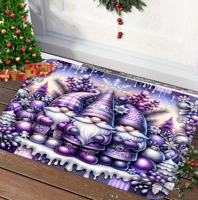 Cozy Purple Gnome Bell Christmas Door Mat Festive Holiday Design Snowy Landscape Gift Boxes Perfect for Bathroom, Living Room