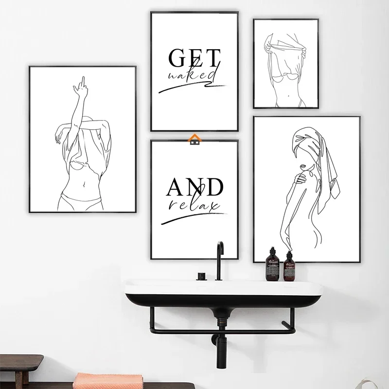 Black White Get Naked and Relax Bathroom Woman Naked Line Drawing Canvas Decorative Paintings Wall Art Home Decor