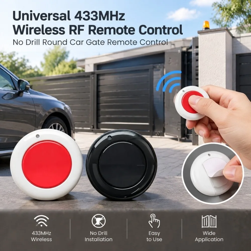 433MHz Wireless RF Remote Control Free to Stick Round Single Button Remote Control SOS No Drill Car Gate Remote Control