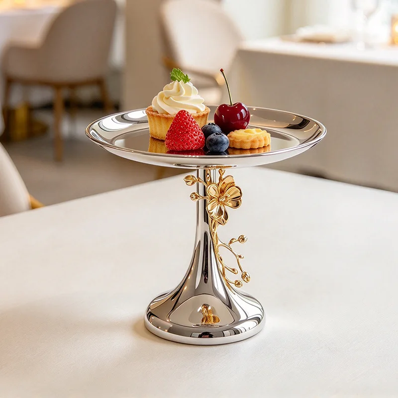 Silver Tall Fruit Tray with Golden Floral Decor Pedestal Cake Stand Tabletop Snack Candy Display Plate Wedding Party Home Decor