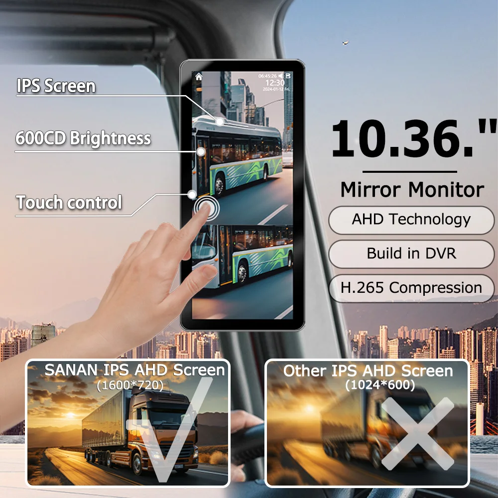 10.36 Inch Touch Screen 2CH Electronic Rearview Mirror Vertical Monitor 1080P Left/ Right Side Camera DVR Recorder For Truck Bus