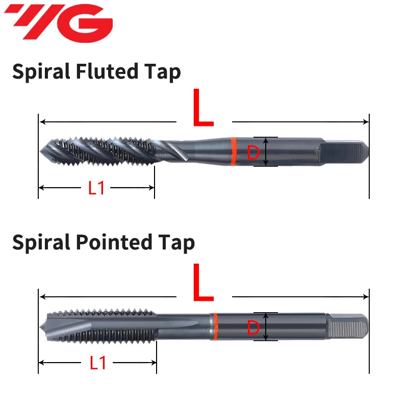 YG-1 HSSE INOX Red Ring Series Metric Spiral Flute Tap T1809 & Spiral Point Tap T1829, M25-M36, for Machine Tap Applications 1Pc