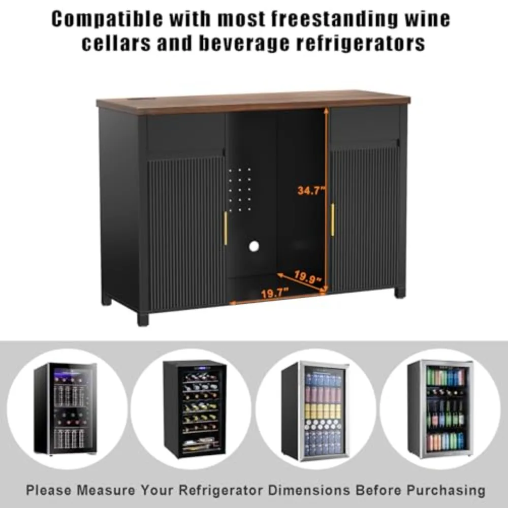 53.2" Coffee Bar Cabinet with Fridge Space,Fluted Sideboard,Black | Power Outlet, Stemware Rack, 2 Drawers, 2 Cabinets - view 5