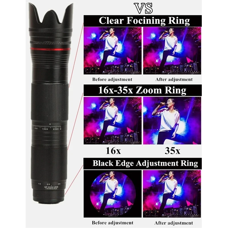 4K HD 3-Section Adjustable 16-35X Zoom Telephoto Optical Phone Camera Lens For Smartphones Lente Monocular Telescope Lenses