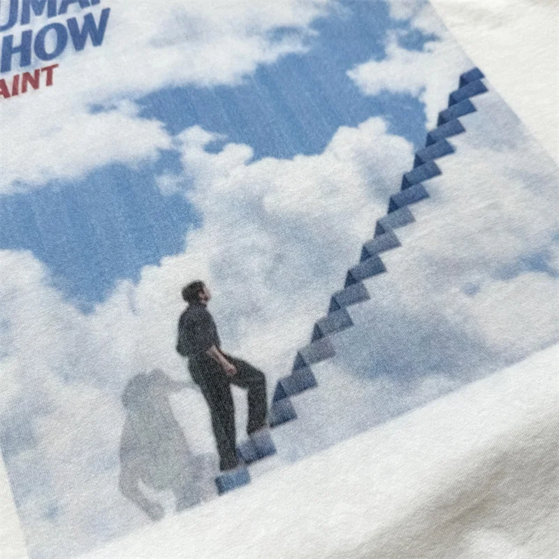 Koszulka z długim rękawem z białego betonu z wzorem High Street, męska i damska, oversize, bawełna premium.