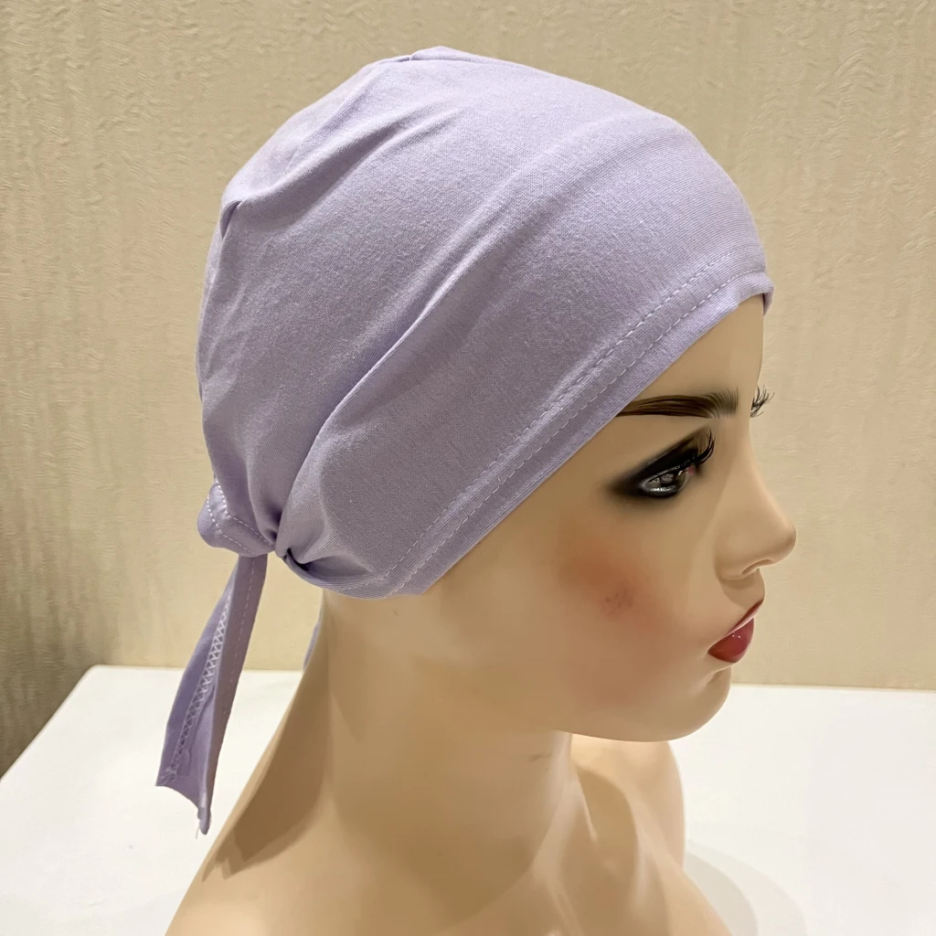 H048 Plain Cotton Tie Back Hats Muslim Turban Pure Color Stretch Inner Hijabs Underscarf Women Head Scarf Under Hijab Bonnet