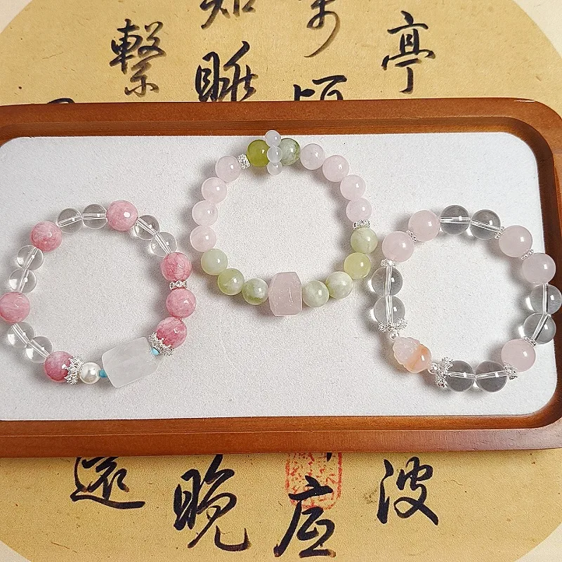 

Натуральный Xiuyan нефритовый зеленый молочный браслет с розовым кварцем для женщин, легкий роскошный элитный браслет, браслет с большими бусинами,