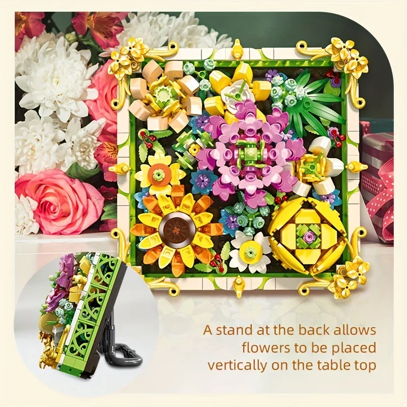 

492 шт., консервированная цветочная фоторамка, строительные блоки, букет роз подсолнечника, модель, образовательный подарок на праздник «сделай сам» для детей и взрослых