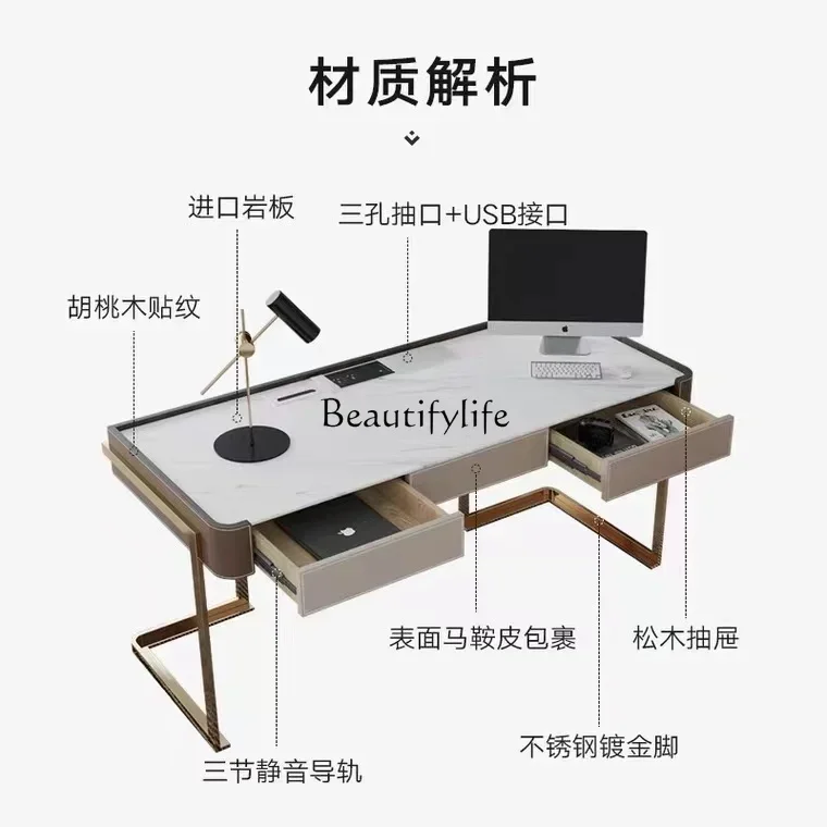 yj9 Meja kerja dari kulit sadel dengan desain batu, mewah ringan, modern, dan simpel