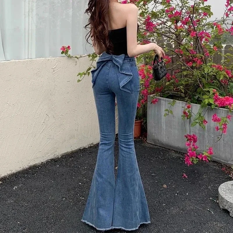 High Waist 3D Butterfly Knot Denim Jeans Women Summer New European Fashion High Waist Slim Hip Boosting Casual Flared Trousers