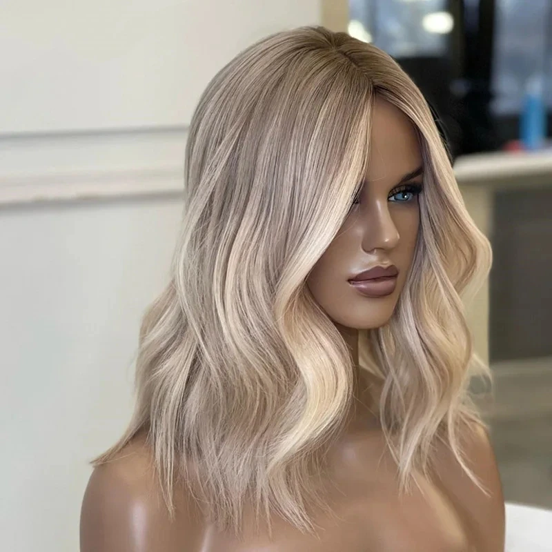 Peruca de cabelo humano colorido para mulheres, Ash Blonde Highlights, Short Bob, Straight Lace Frontal Wig, Platinum Glueless Wigs, Venda, 13x4