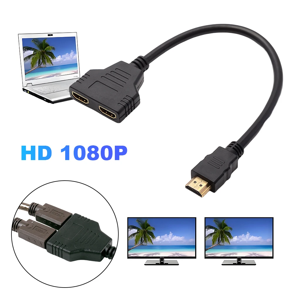 HDMI-Compatible Splitter Adapter Cable 1080P HDMI-Compatible Port Male To 2 Female 1 In 2 Out Y Converter for Laptop TV Monitor