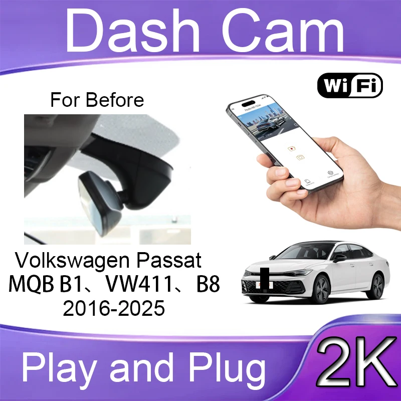 Dashcam 2K Wifi PlayPlug, DVR para Auto, Grabación en Bucle, Cámara Delantera y Trasera, Fácil Instalación, Grabadora para Auto, para Volkswagen Passat 2008-2017