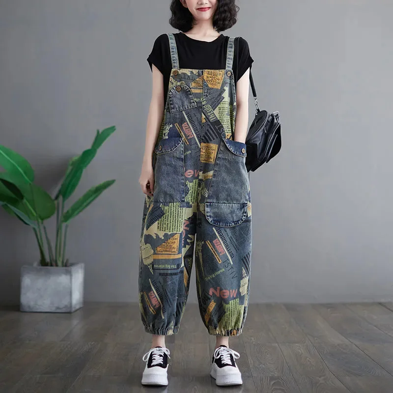 Print Shoulder Strap Jeans For women Spring Summer 2024 Fashion Casual Loose Versatile Shoulder Strap Pants Female Jumpsuits