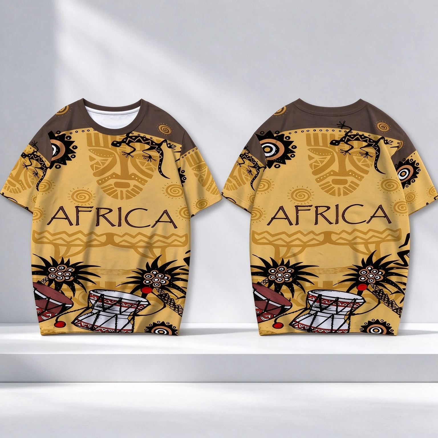 AFRICA Tribal Art Totem Men Top, Hand Drawn Gecko African Drum Full Print, Loose Breathable Daily Short Sleeve, Multiple Colors