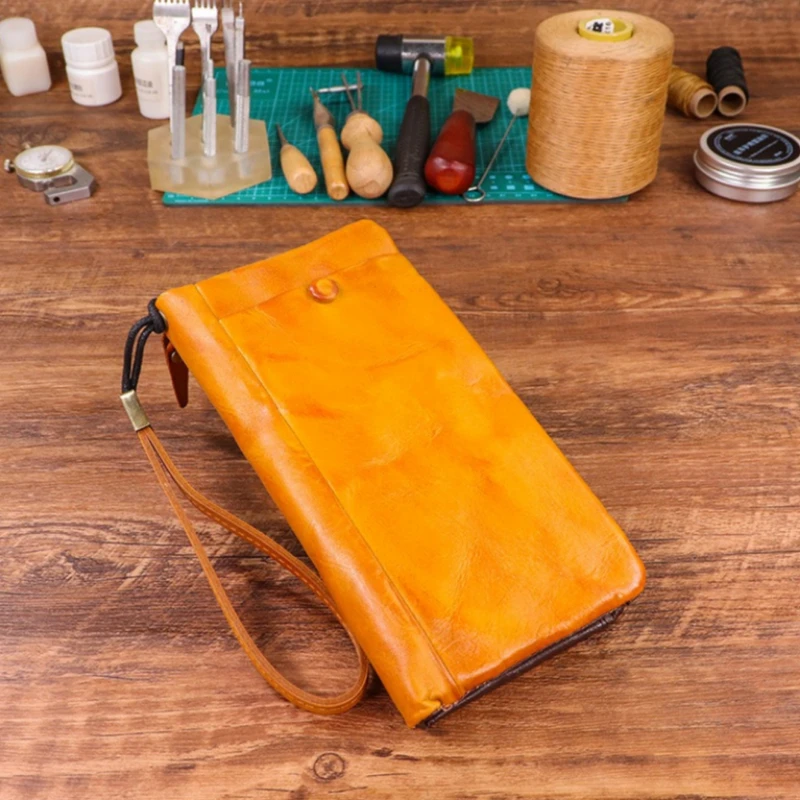 Retro Men's Genuine Leather Long Wallet Zippered Multi-Card Slots Handheld Clutch Wallet for IPhone 17 Pro Max Large Capacity