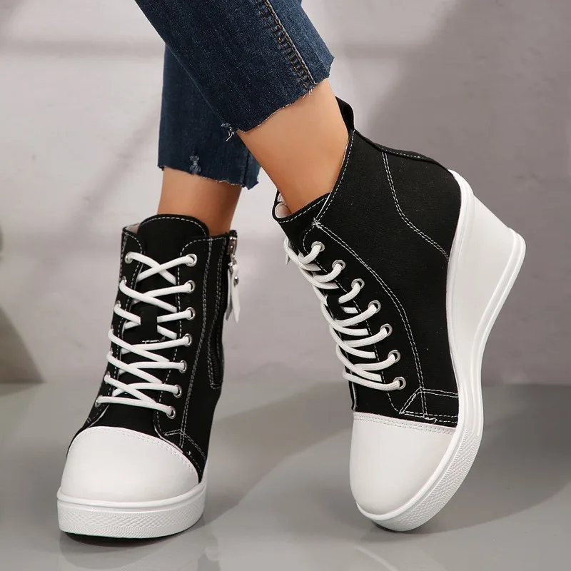 Scarpe da ginnastica da donna primavera autunno stringate con aumento di altezza scarpe di tela casual da donna alte con zeppa scarpe da ginnastica con plateau moda donna