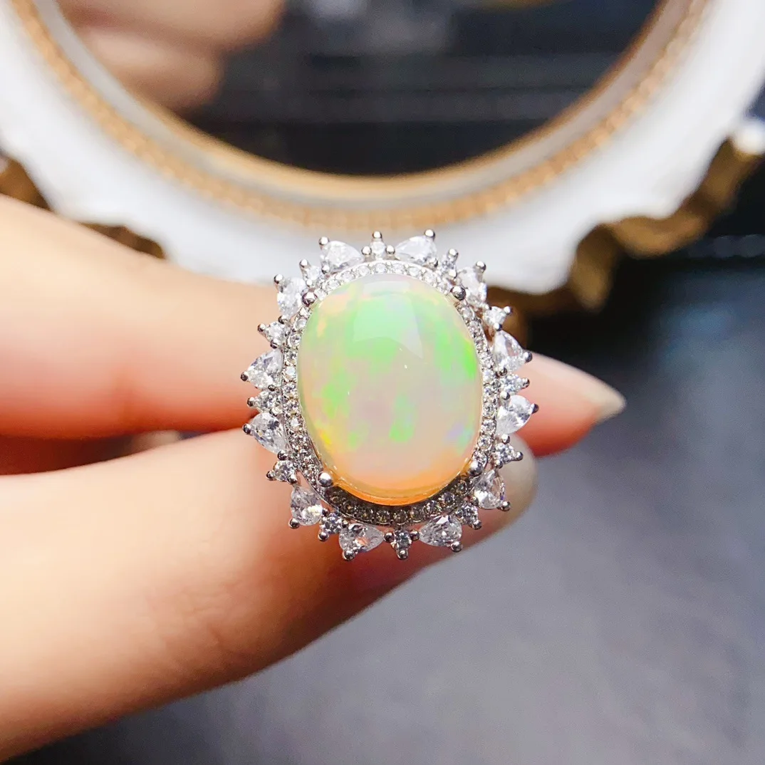 S925 Silver Natural Opal Ring, 12x15mm Main Stone Adjustable Size, Vibrant Opal Jewelry Gift for Women