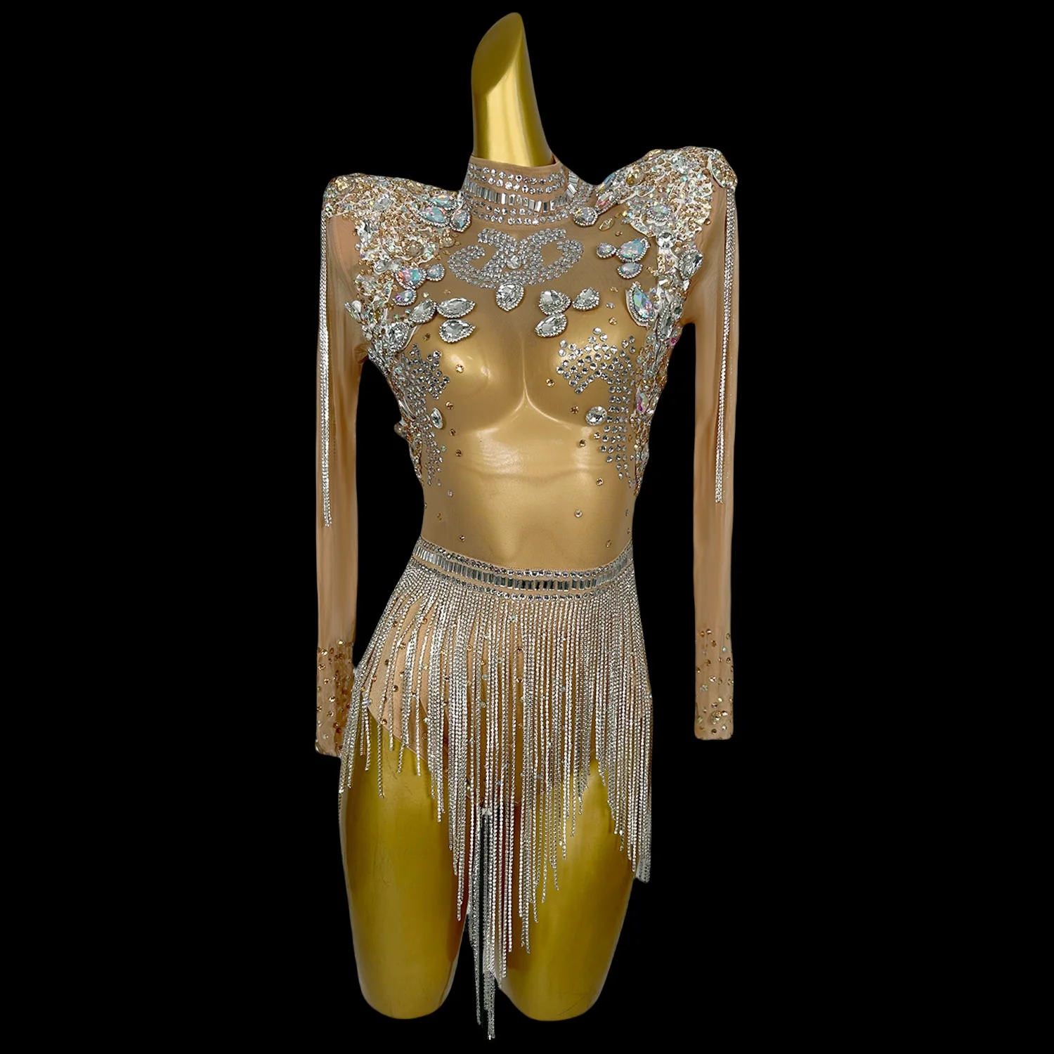 

Sparkly Fringes Shining Rhinestone Mesh Thin Sexy Bodysuit Club Party Outfit Sexy Singer Stage Performance Latino Dance Leotard