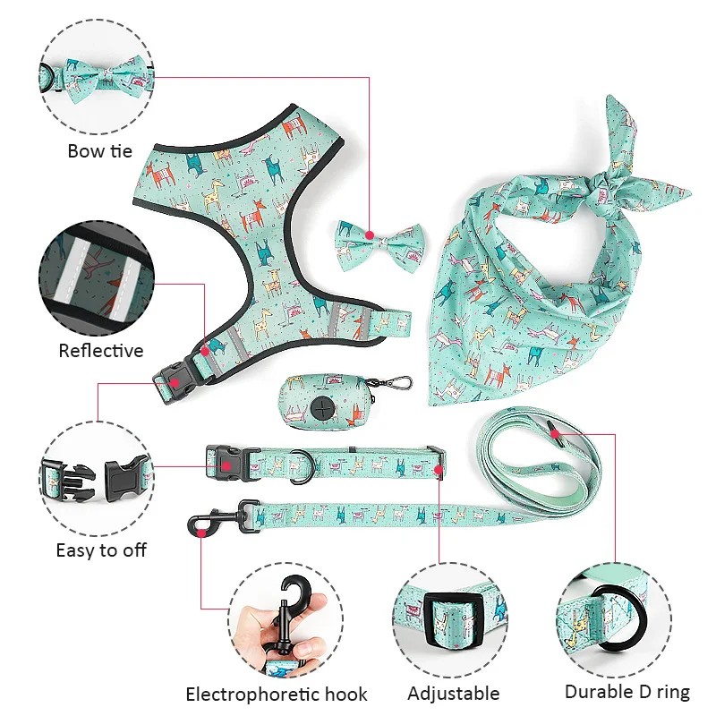 Dog Harness Collar Leash Set Adjustable Dog Collar With Bow tie Poop Bag Triangle Scarf Set For Dogs With Cute Print Pet Product